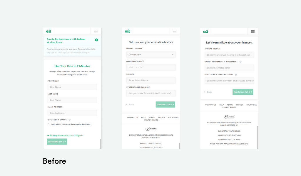 Image of previous screenshots from Earnest onboarding rate check flow