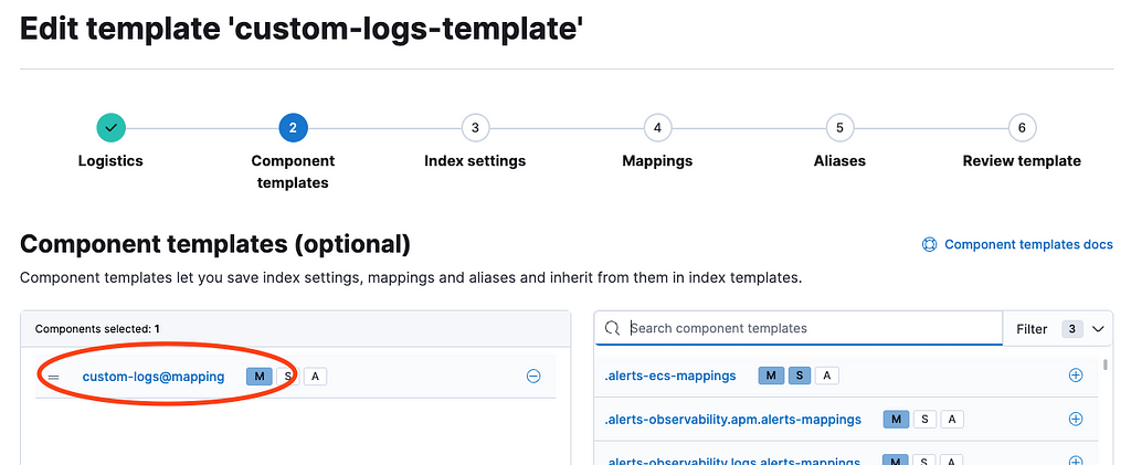 Screen capture of the index template edit screen, on Component templates tab