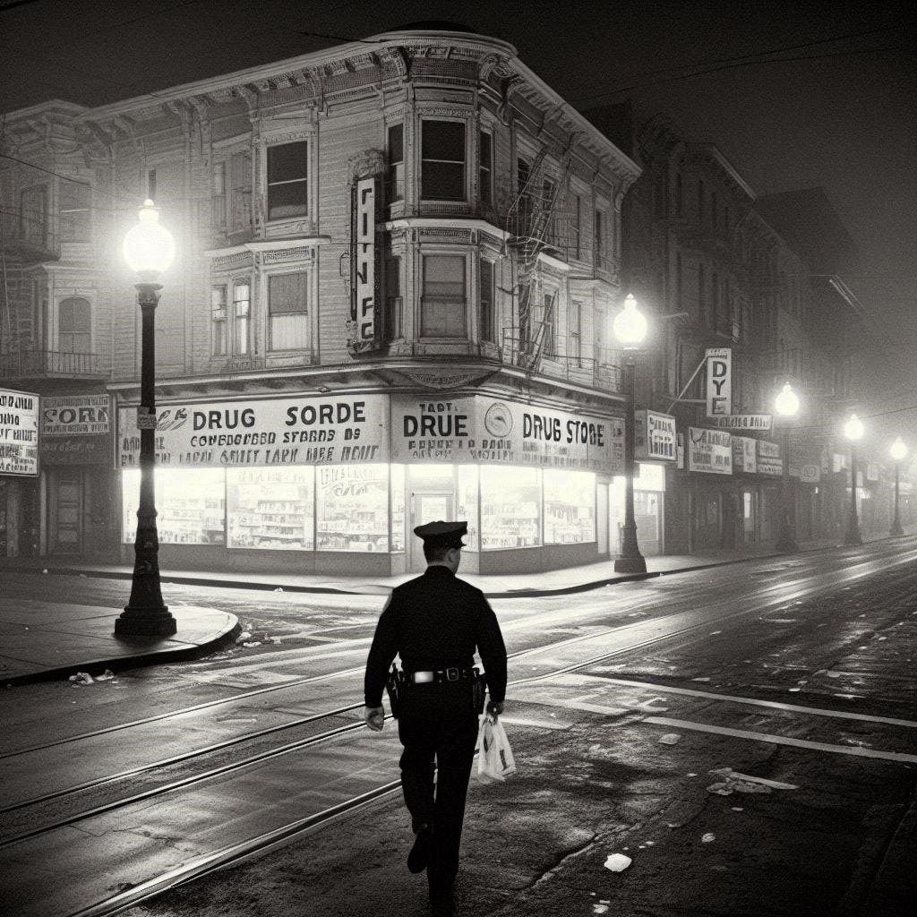 A policeman walks across a nearly deserted street late at night towards a corner drug store that is all lit up.