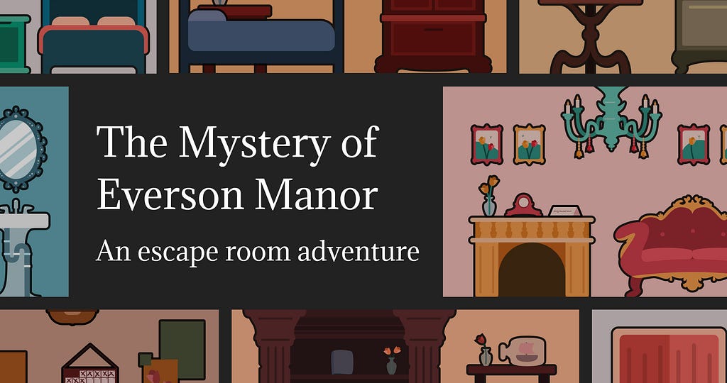 Mystery of Everson Manor illustration, 2D drawing of several rooms of the manor