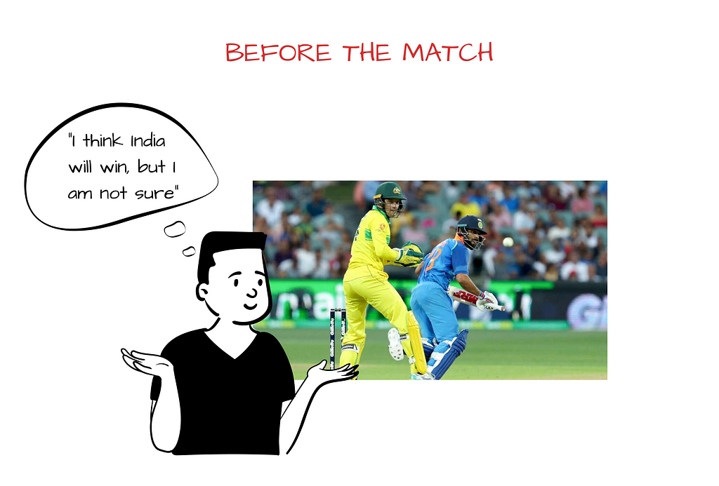 A guy while watching a a match thinks India will win, but he is not sure