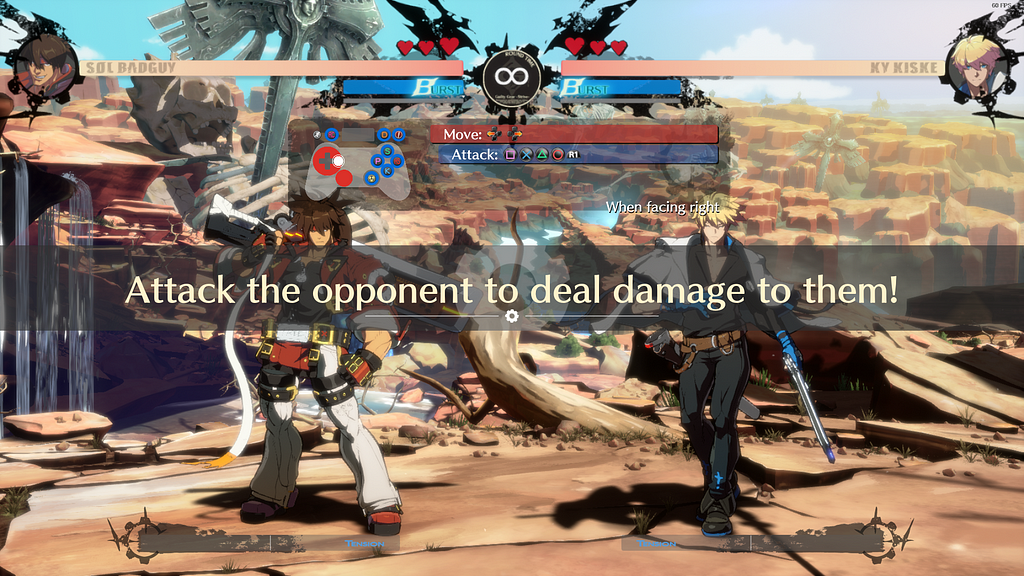 The tutorial of Guilty Gear Strive that depicts Sol Badguy (left) fighting Ky Kiske (right). There is a button display and text on the screen that reads “Attack the opponent to deal damage to them.”