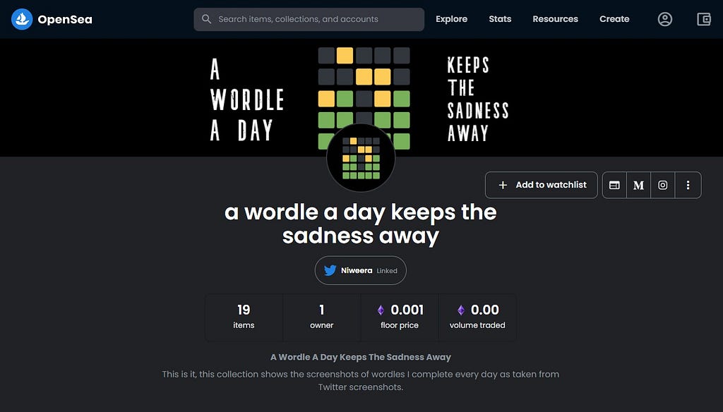 Screenshot from https://opensea.io/collection/wordle-keeps-sadness-away