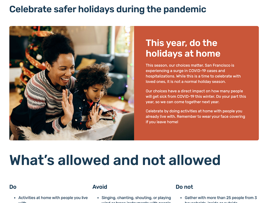 Screenshot of a page with introductory content, and a stock image of a Black mother and child wearing holiday sweaters and waving at a computer screen.