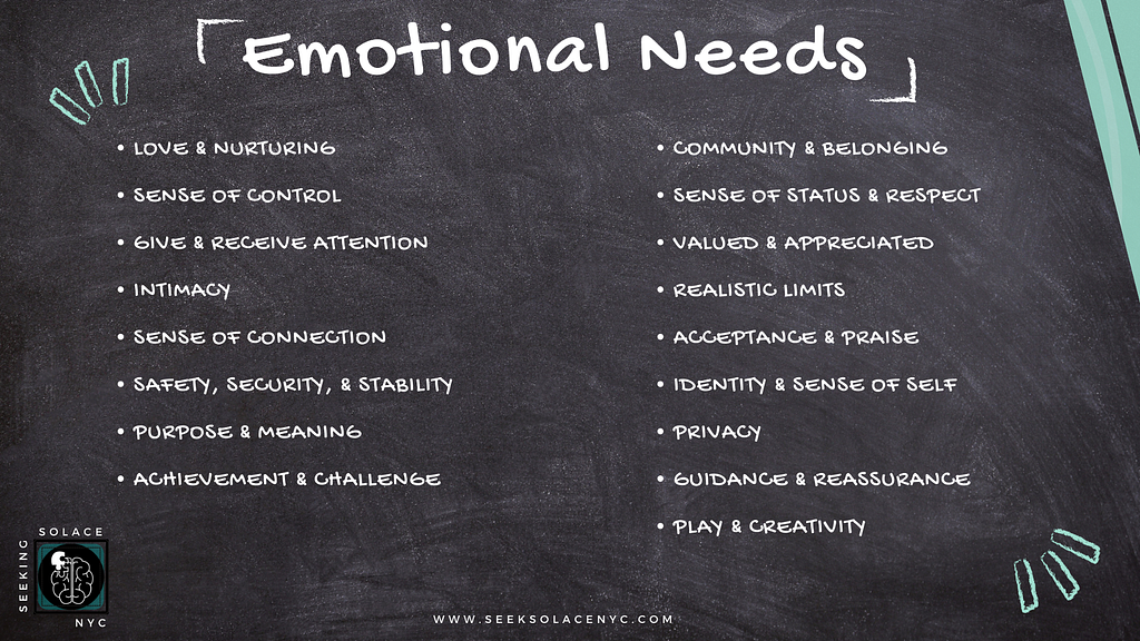 Comprehensive list of emotional needs written on a chalkboard