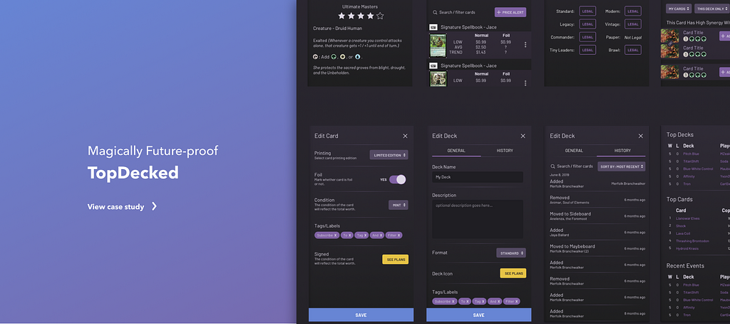 Hero image titled “Magically Future-proof” TopDecked with a sample of the delivered design system on the right showcasing the dark-themed design system