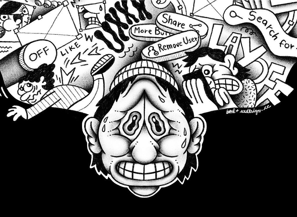A human head surrounded by scary thoughts represented by cartoon characters, design patterns, and keywords such as “deadline” and “layoffs”. The person looks worried.