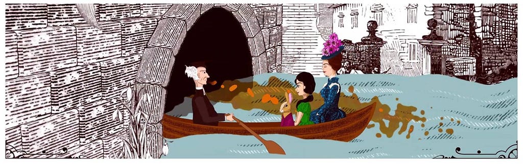 An illustration of Alice being rowed along the river to explore Oxford’s sewers.