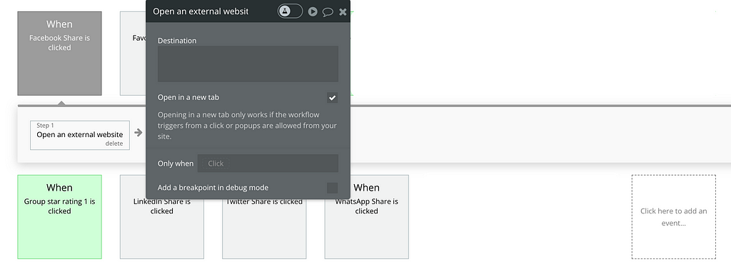 A picture showing the destination field for the “open an external website” workflow