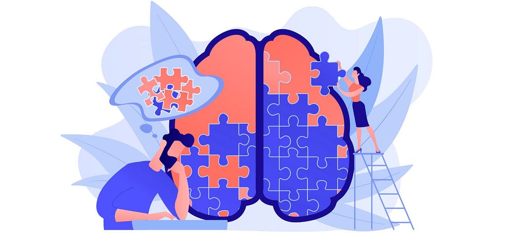 Man and woman solving a puzzle in the shape of a brain.