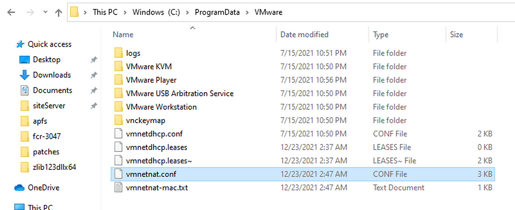 Open File vmnetnat.conf placed at C:\ProgramData\VMware path