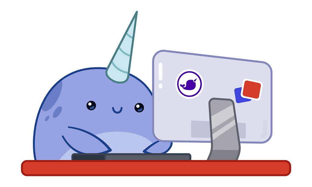 Illustration of Nellie the Narwhal at a computer.