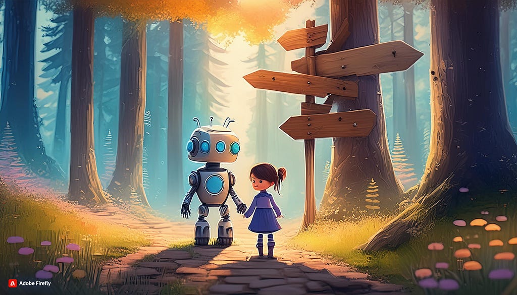 A little girl and a robot are walking through the woods. They must decide what path to take.