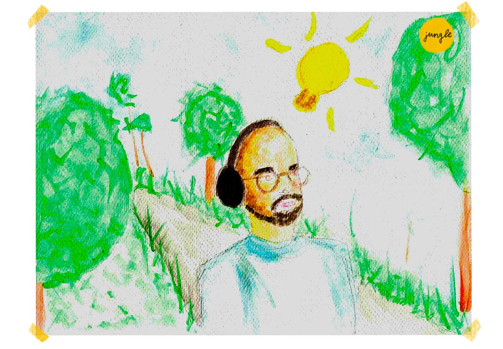 Watercolour painting showing a guy with headphones taking a walk in path surrounded by trees and nature, above him a light bulb, representing an idea; the Jungle company logo is on the upper right corner.