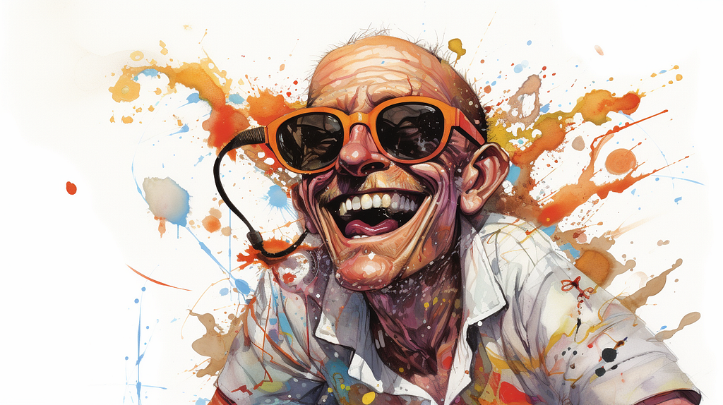 Midjourney image of a guy wearing sunglasses and smiling, with a creative splash coloured background.