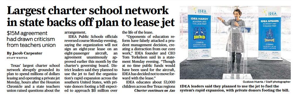 IDEA Charter School Private Jet Nixed