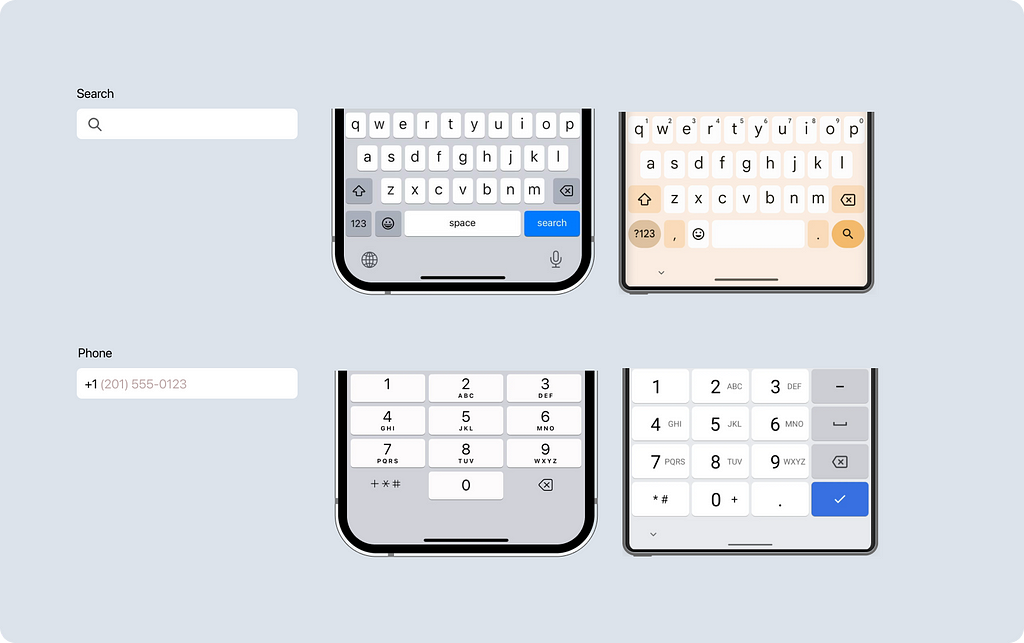 Examples of keyboards for different types of input fields