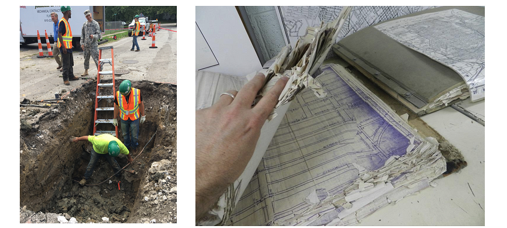 Left: Pipe excavation crews working in Flint. Right: Water-logged and incomplete Flint city pipe records. Photos courtesy of Jared Webb.