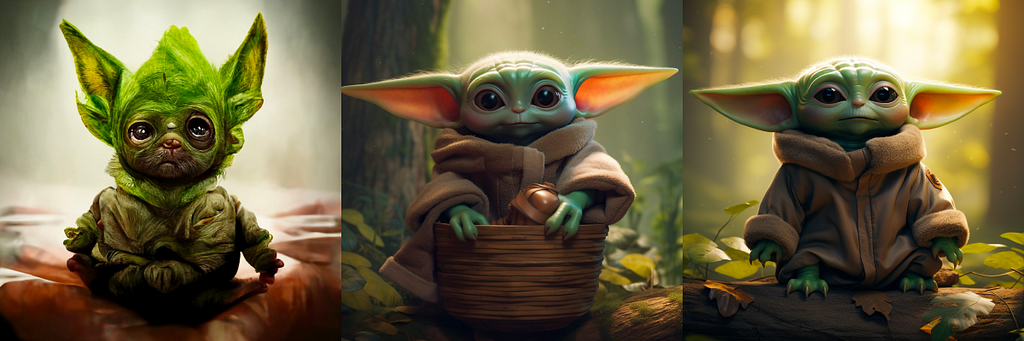 “Baby Yoda” in Midjourney v1 (February 2022), v5 (May 2023), and v5.2 (June 2023) respectively. The v1 version does not look realistic at all. The v5 and v5.2 versions look incredibly realistic.