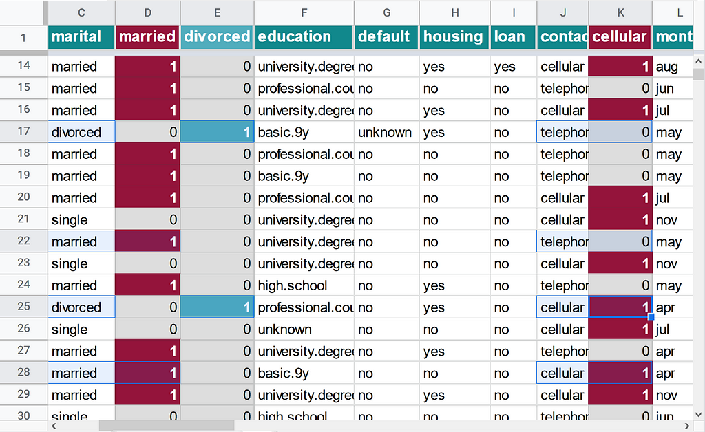 Marketing dataset with “marital” and “contact” columns converted into categorical binary columns