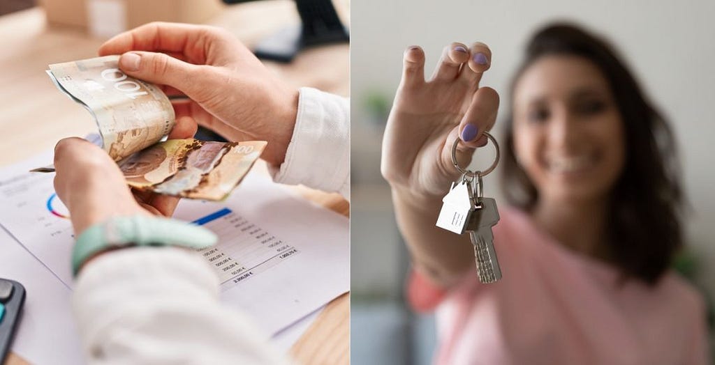 Mark Roemer image of a person counting money and another holding up a set of keys