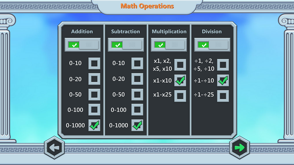 Prompt screen from game for choosing scale of math problems