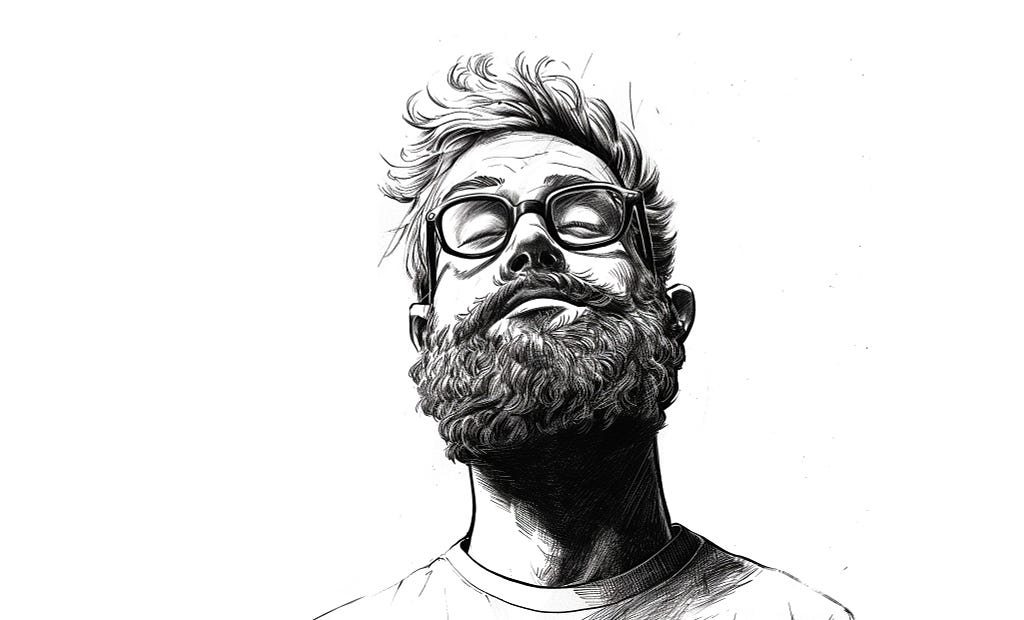 A cover illustration  of a man with a beard and glasses reflecting