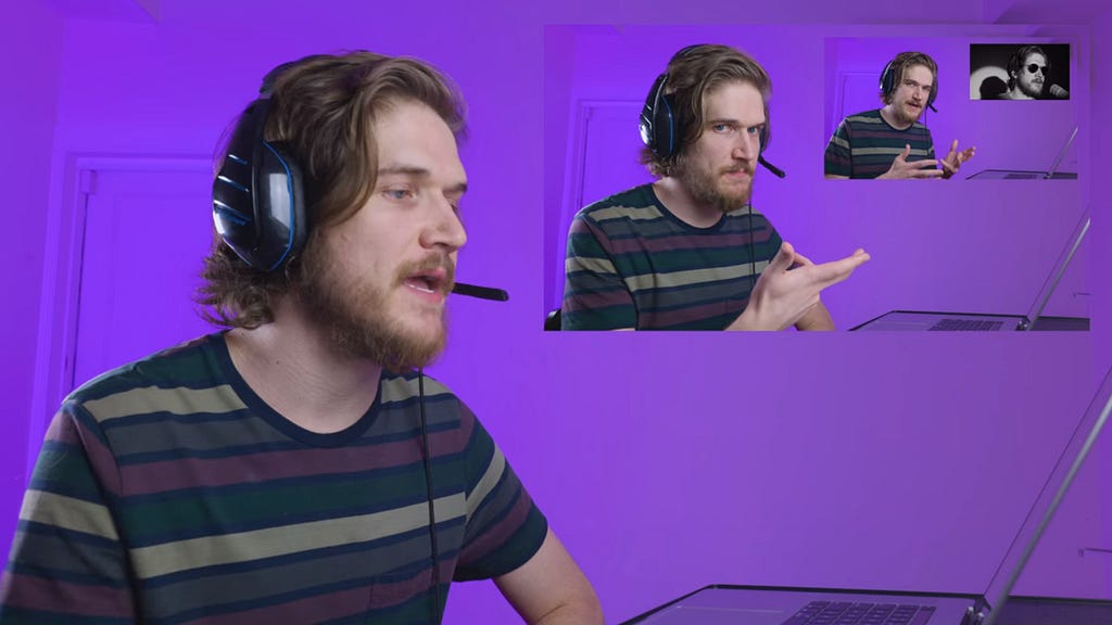 Bo Burnham reacts to a reaction video to a reaction video, overlaid in the top righthand corner of the screen.