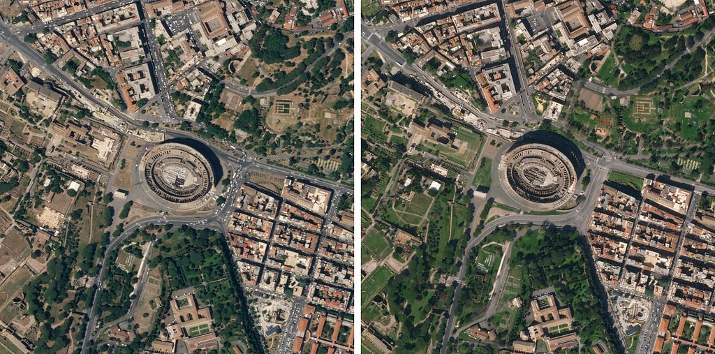Satellite view of the Colosseum with and without crowds.
