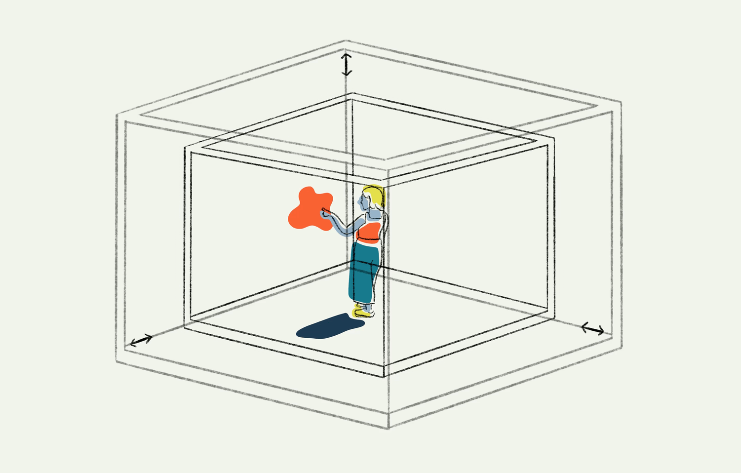 Sketch of a woman in a 3D environment that is growing and shrinking