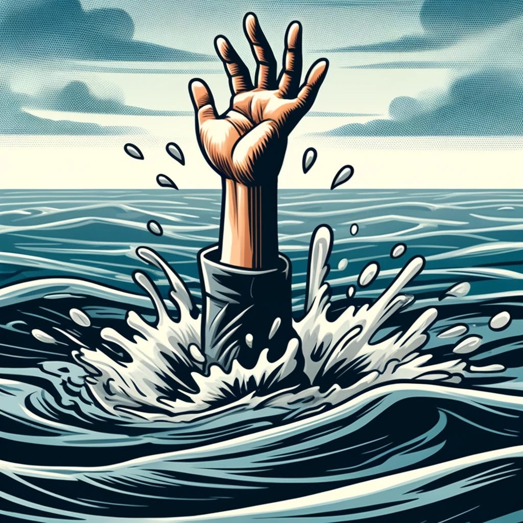 An image of a hand emerging from water — as though a person is drowning and reaching for help.
