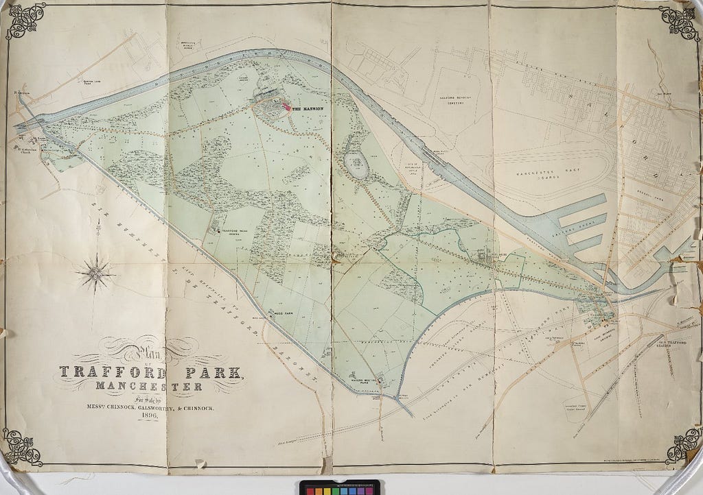 Printed map on paper featuring a plan of Trafford Park in green.