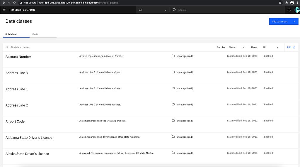 a screenshot of pre-defined data classes in Watson Knowledge Catalog such as Account Number, Address Line 3, Address Line 2, Address Line 1, Airport Code, Alabama State Driver’s License, and Alaska State Driver’s License. There is also an “add data class” button in the upper right corner.