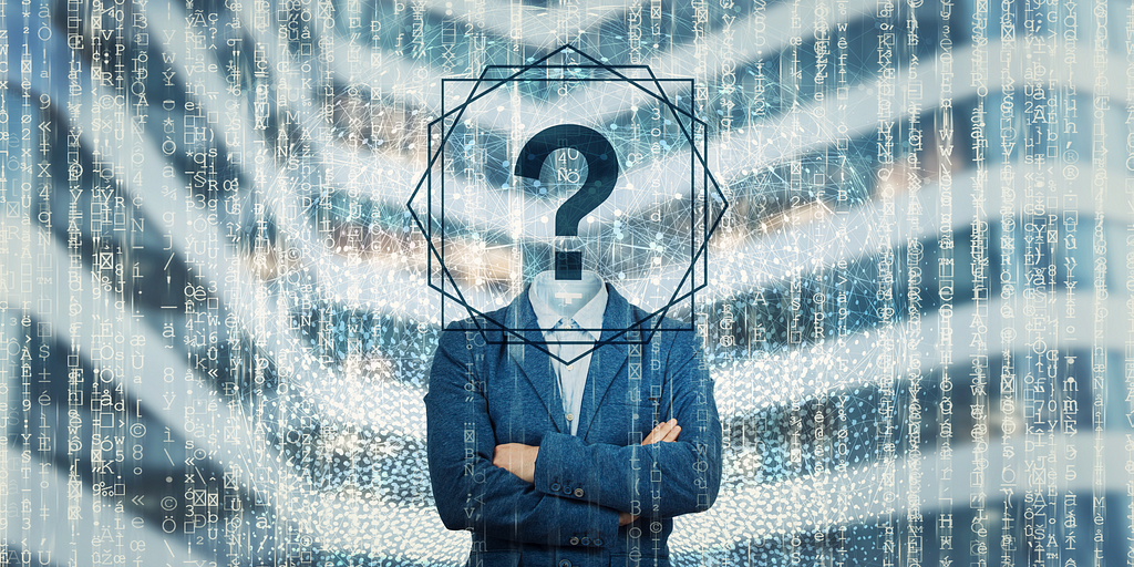 Graphic of a man’s headless torso in a blue suit jacket with arms folded, and a question mark hovering above