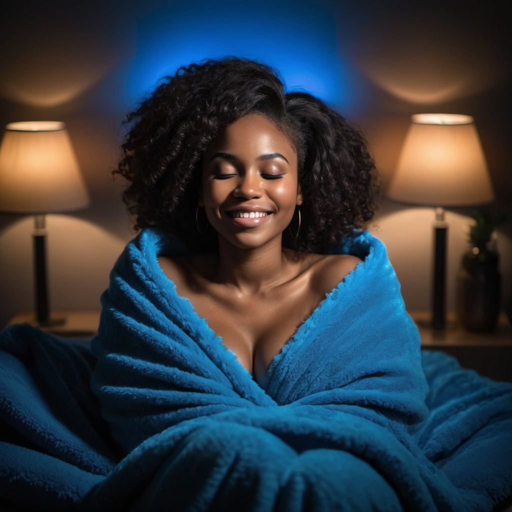 A beautiful Black woman sits blissfully in a room, covered in a fuzzy blue blanket
