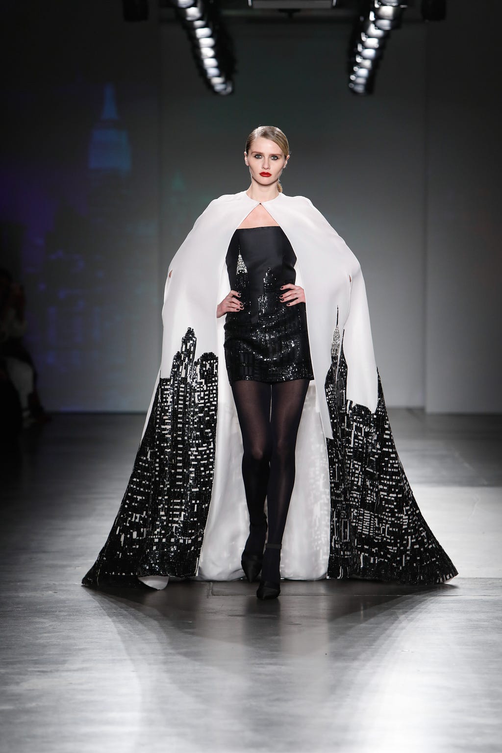 Grand Finale — White Couture Silk Gazar Grand-Entrance Cape w/ Hand-Beaded New York Skyline, Black Couture Silk Gazar Dress