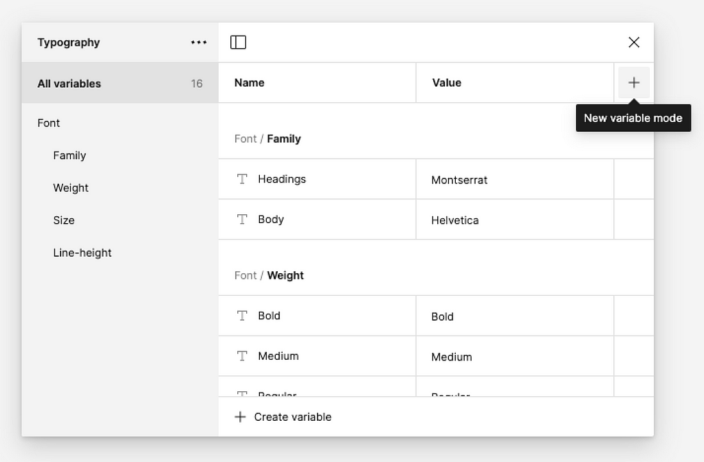 Create a new variable mode in the local variables popup in Figma