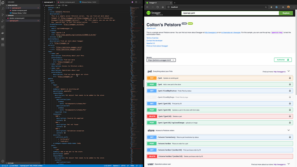 VSCode with OpenAPI.yaml file is opened next to a browser displaying the Swagger-UI for the OpenAPI.yaml file