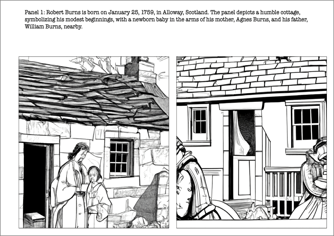 An eight-frame animation. Each frame has a brief description of a period in the life of Robert Burns, and two images illustrating this text.
