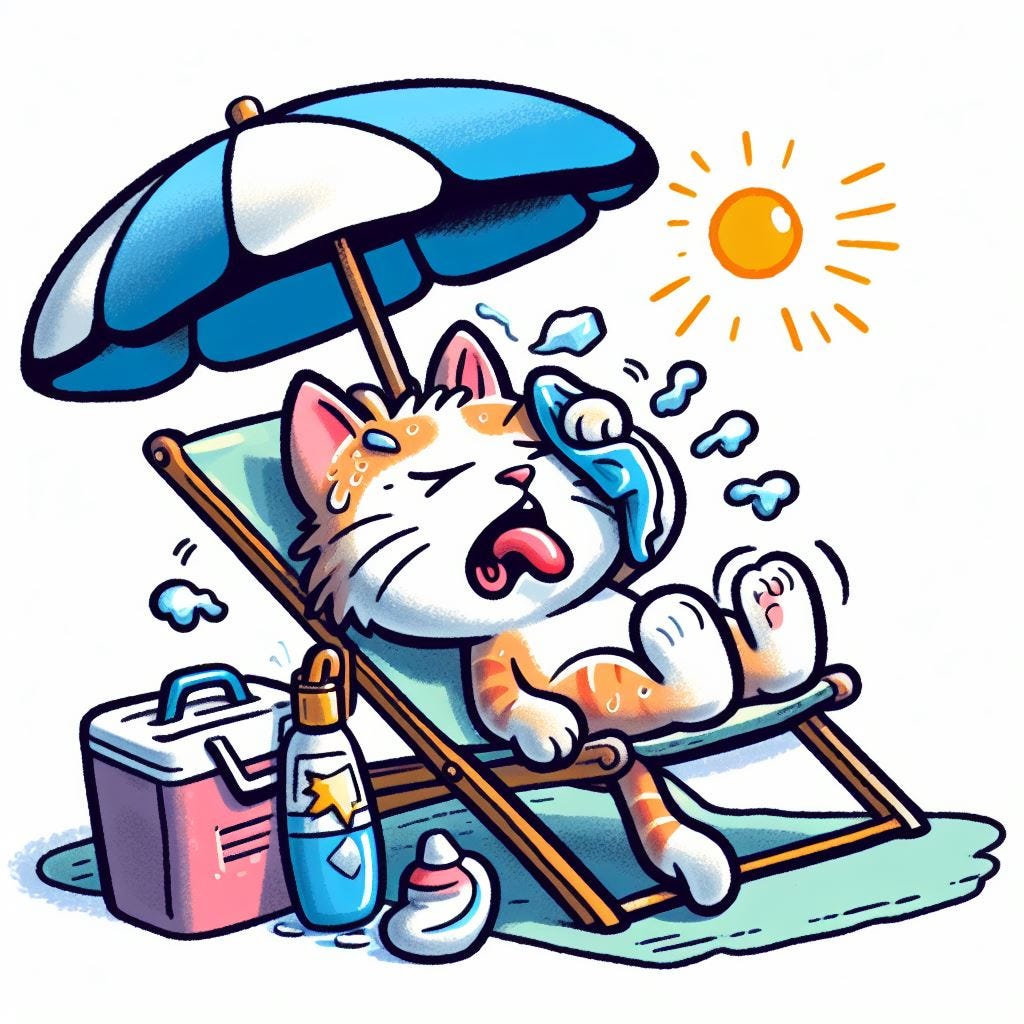 An animated picture of a cat sitting under the scorching sun at the beach, sweating