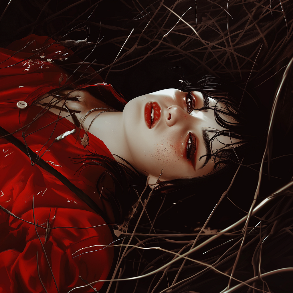 A girl with black hair and red lips lies in red glass, looking at you with dead eyes and blood splattered on her cheek.