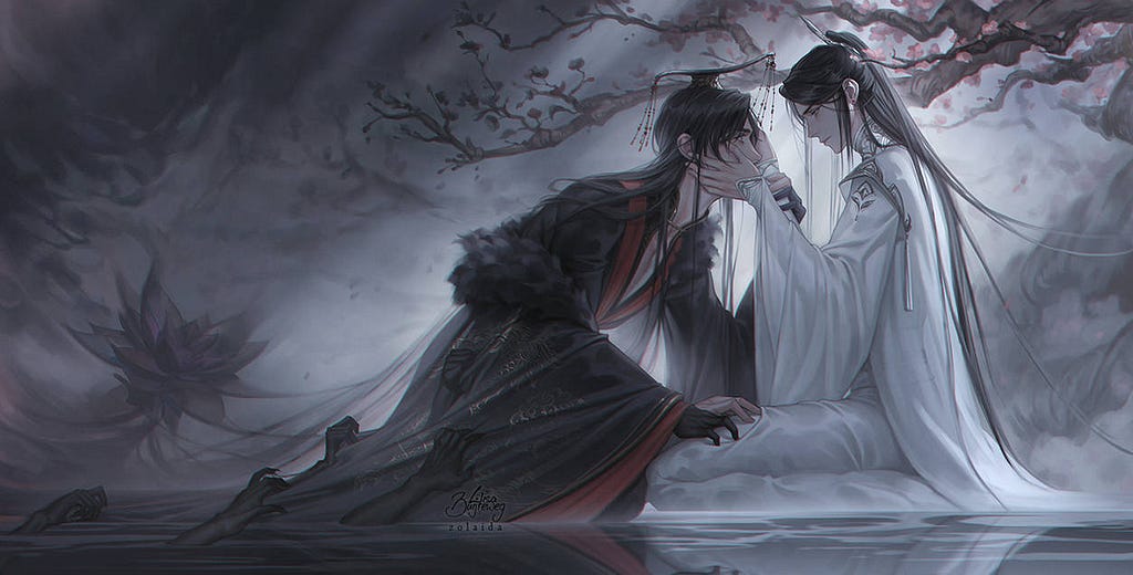 Chu Fei holding Taxian Jun by his face, while black hands see to drag Taxian Jun back. The Husky and his white cat Shizun