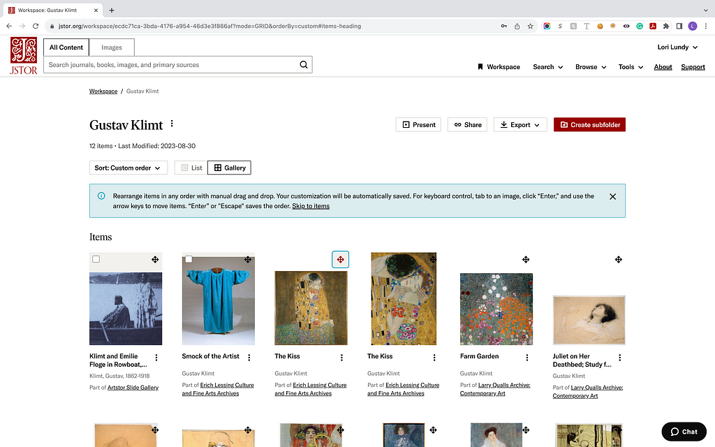 A screenshot of a Workspace folder on JSTOR. The folder is sorted with a custom order and has “reorder item” icon buttons on each item in the folder.