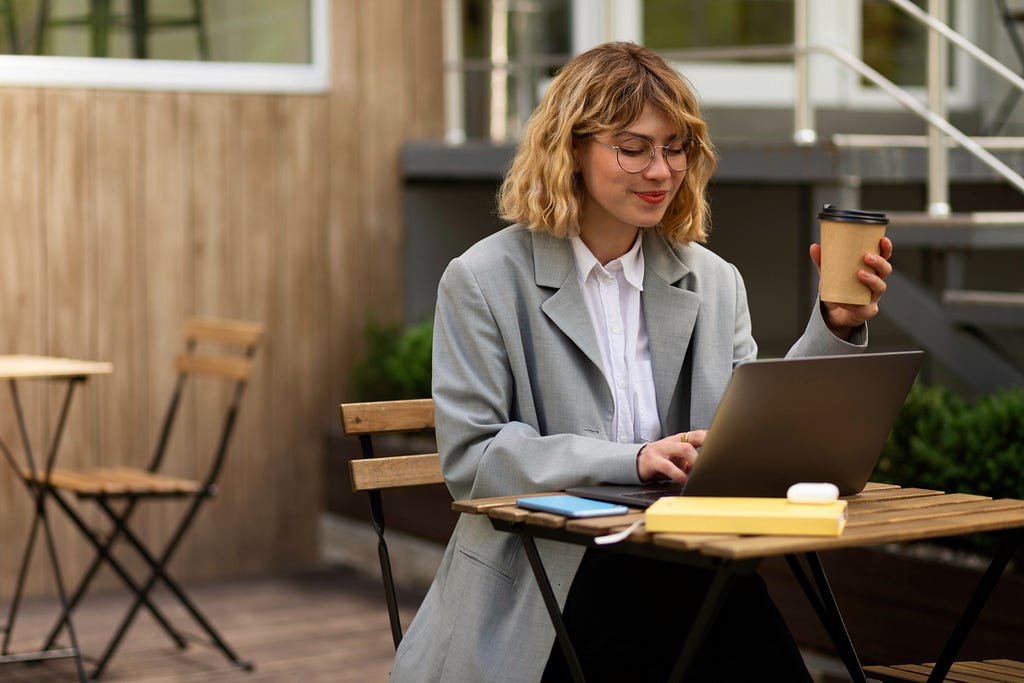 a woman works in a cafe with one hand on a coffee bottle and the other on a laptop