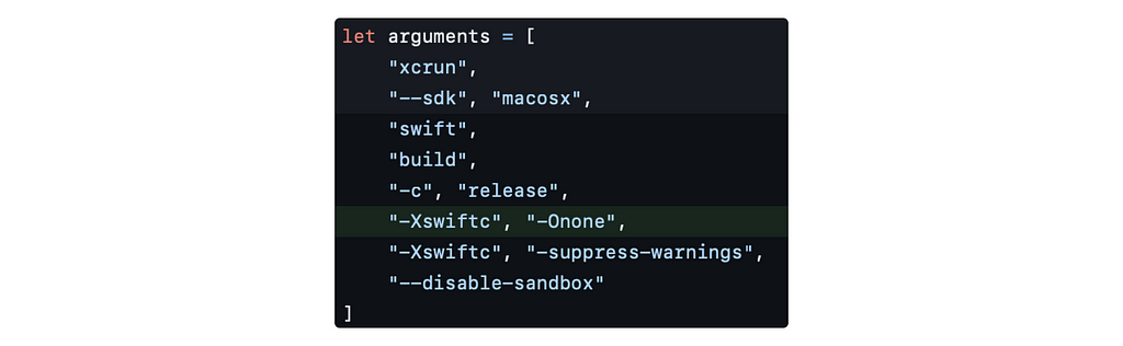 Screenshot of the new argument passed to swift compiler, which disables any optimization performed while SwiftTemplate ephemeral package is being compiled