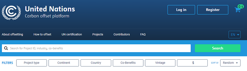 United Nations carbon offsetting platform display.