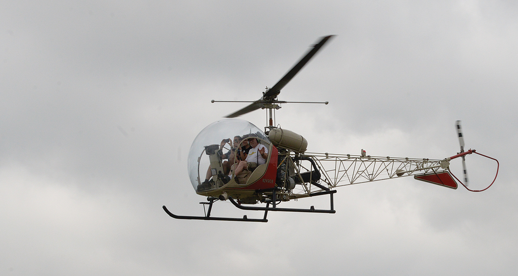 A helicopter in flight.