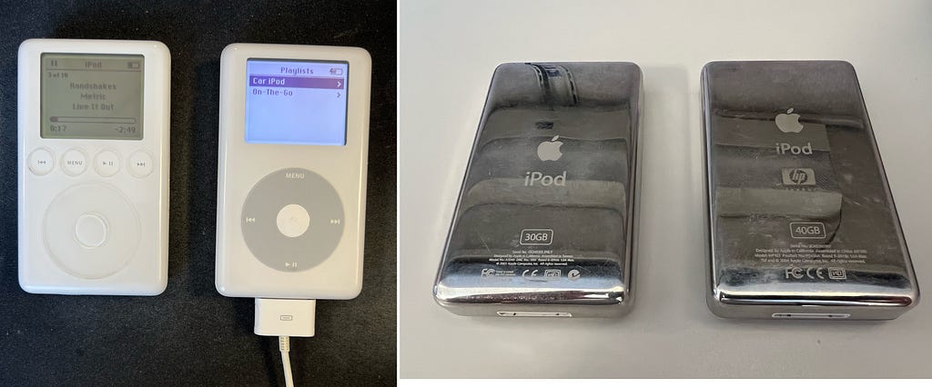 Front and backs of 30GB 3rd Gen Classic iPod and 40GB 4th Gen Classic iPod.