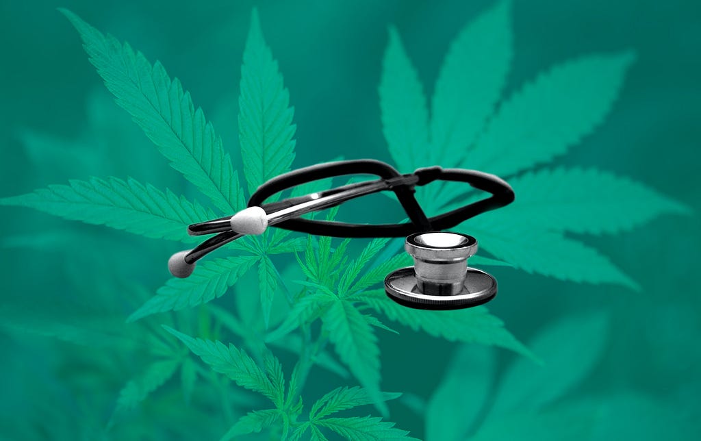 Stethoscope overlaid on a pictue of a cannabis plant.