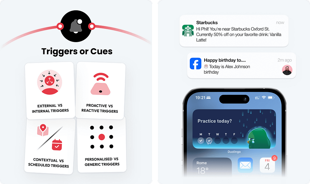 Examples of triggers or cues in behavioral design, showing different types of triggers and notifications from Starbucks, Facebook, and Duolingo.